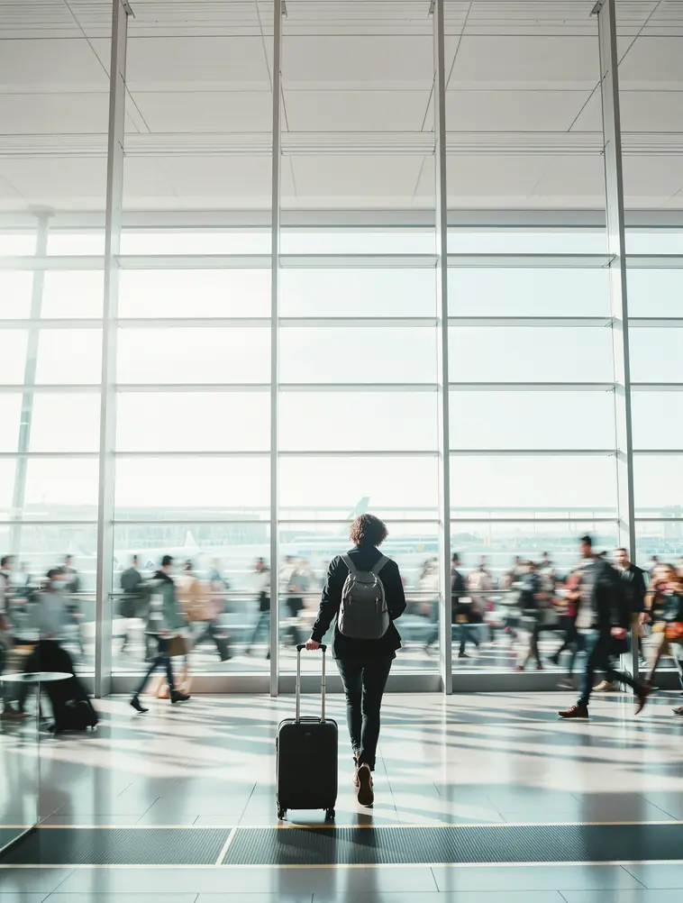 Traveller walking through an airport with a suitcase
